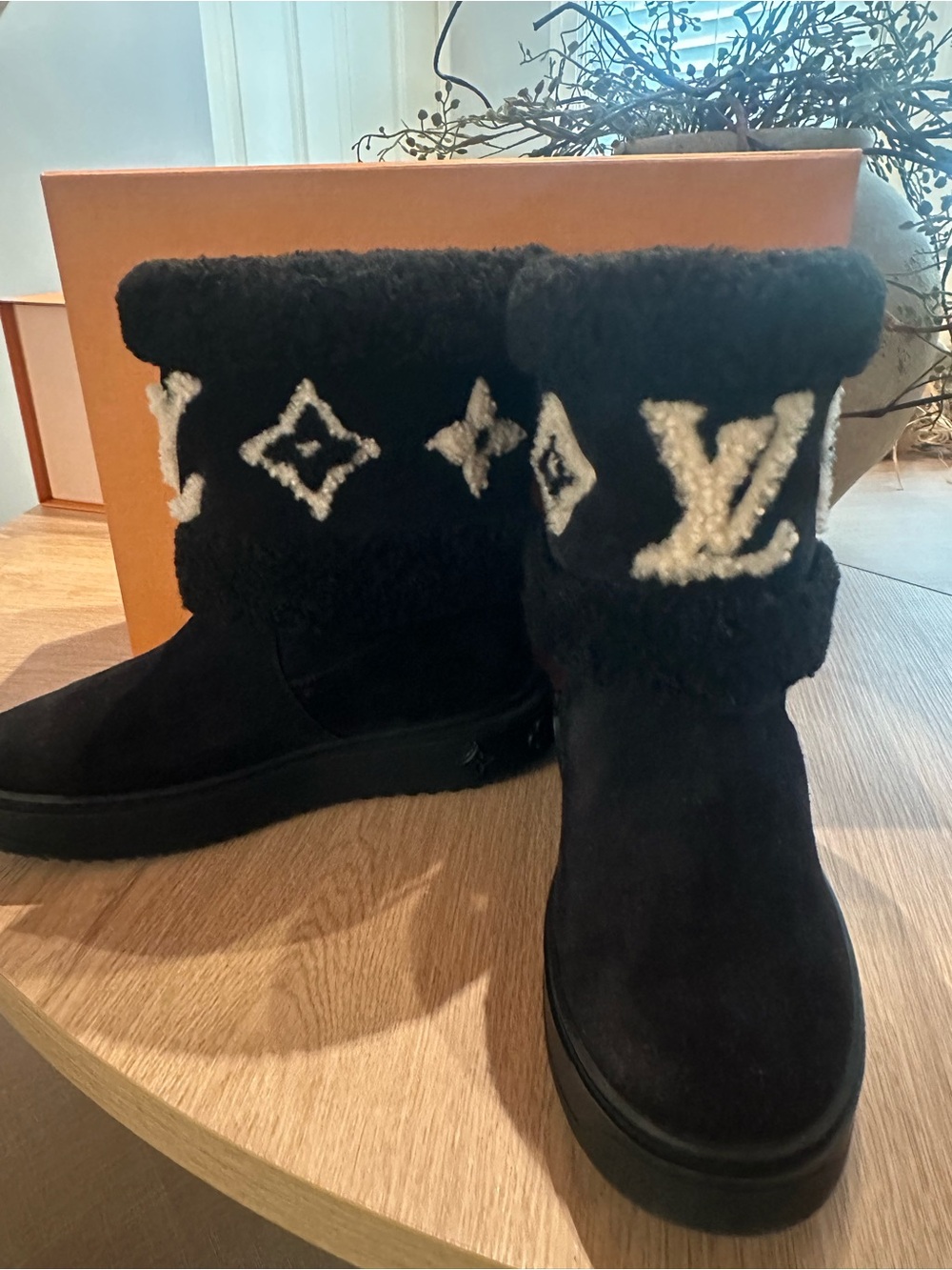 Louis Vuitton Black Suede Shearling Logo Mid Boots